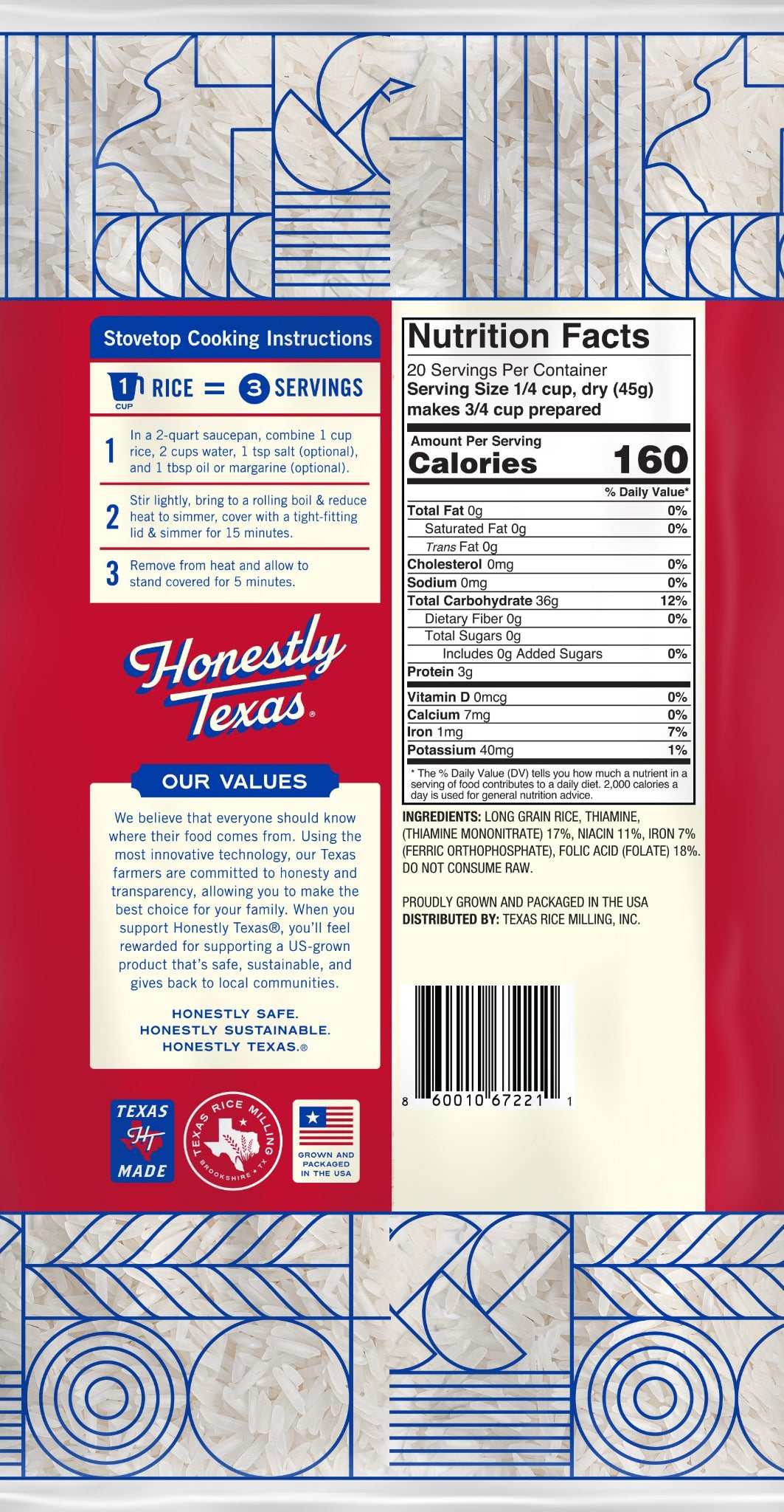 Honestly Texas White Rice 2 lb Bag back